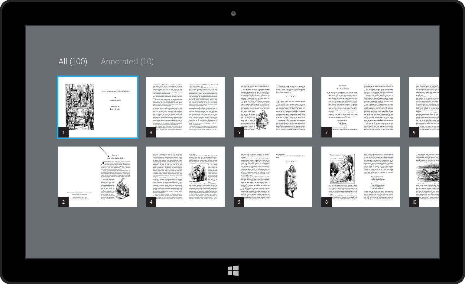 After the user taps the Page Nav button (shown in the previous mockup), they are taken to a thumbnail gallery of all pages in the PDF. Two filters at the top of the screen - "All" and "Annotated" - allow the user to toggle between viewing all pages in the PDF, or viewing only the pages that have been annotated.