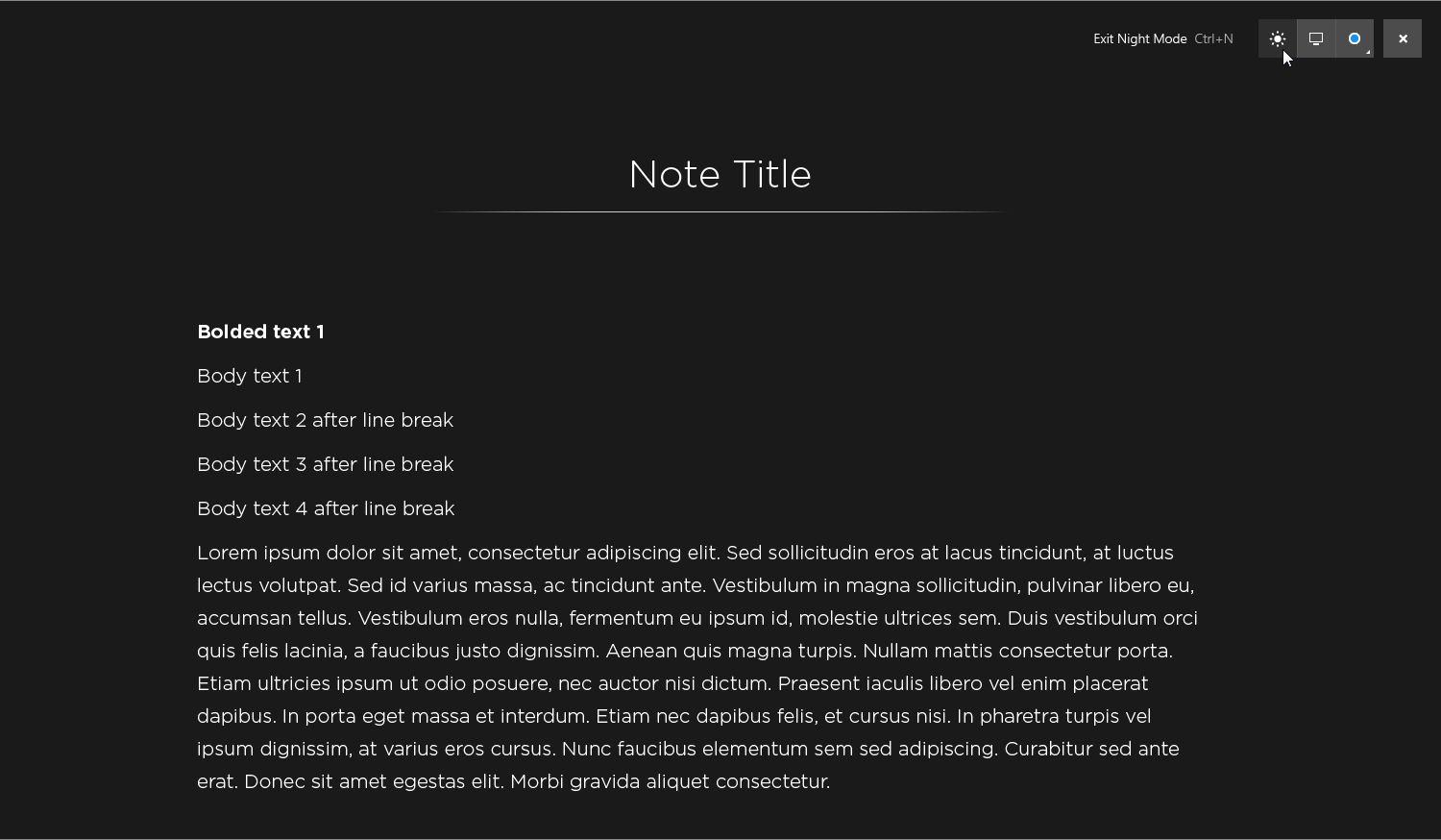 The night mode button acts as a toggle to enter and exit night mode. Activating night mode changes the Presentation Mode color palette to a darker version of itself.