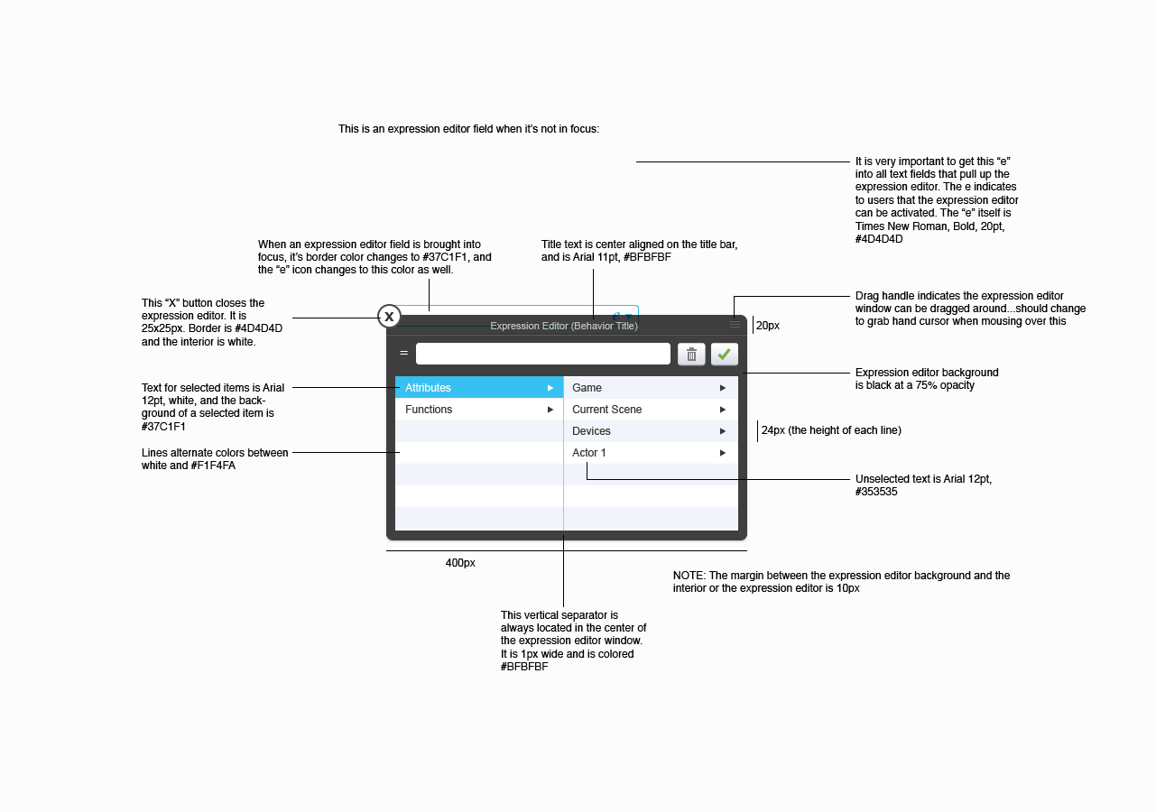Expression editor visual design specifications