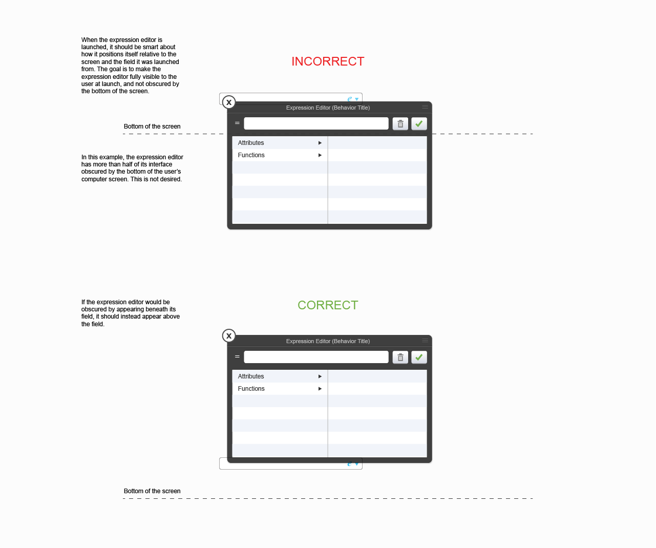 Expression editor positioning relative to the bottom of the screen