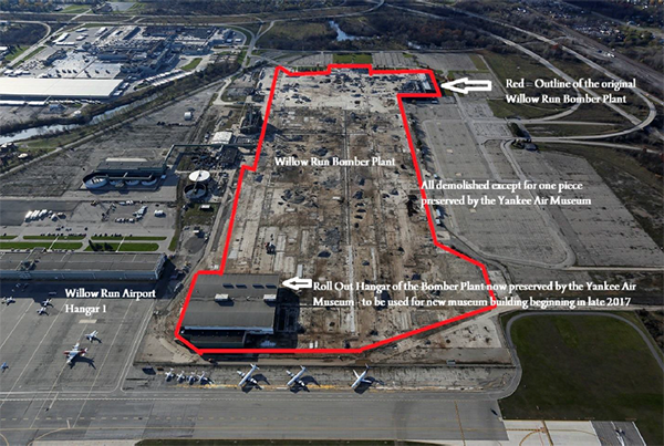 Diagram showing original size of the Willow Run Bomber Plant, and the portion saved to be the future NEW home of the Yankee Air Museum.