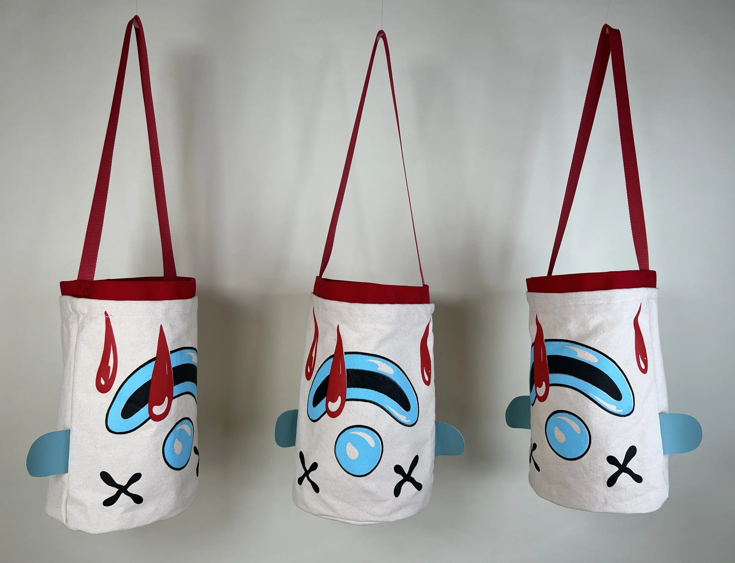 severed head totes designed, printed, and sewn by me