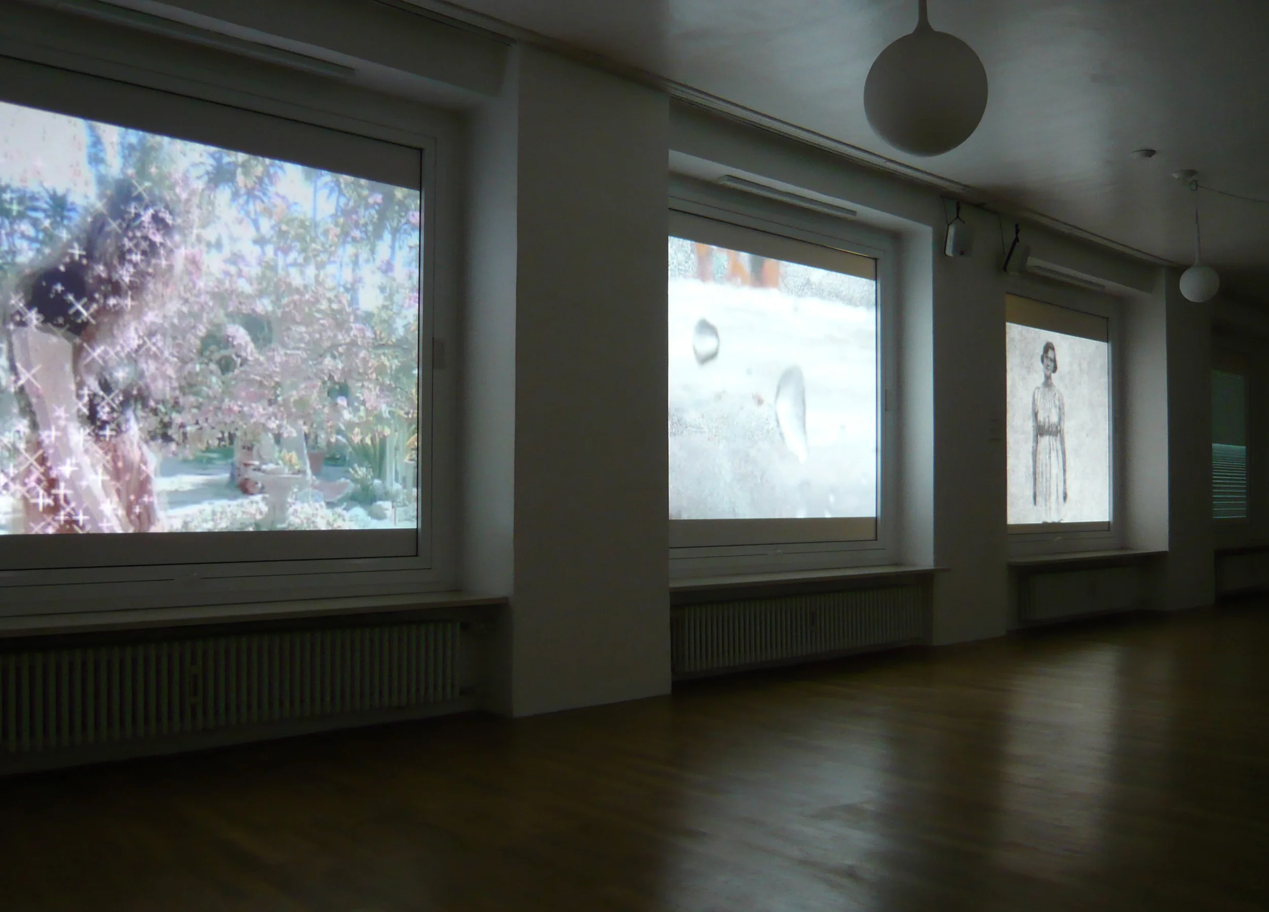 Exhibition view (5) from left to right: works by Petra Cortright ( Sparkling I&II , 2010), Hayley Silverman, Agnieszka Polska ( Medical Gymnastics , 2008), Charles Broskoski