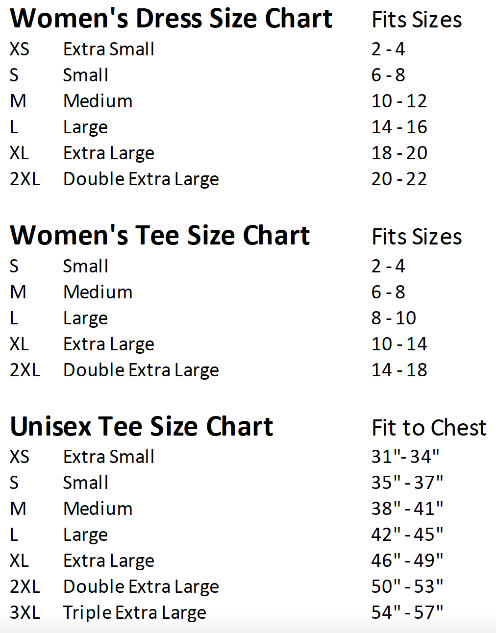 womens dress size chart