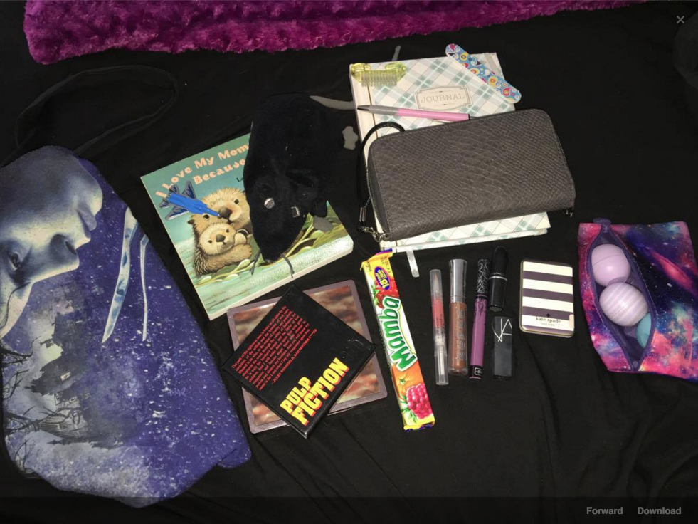 "I love my mommy because..." Book Toy airplane Stuffed rat Nail brush Nail file Journal Pen Wallet Pulp fiction eyeshadow palette by urban decay Naked on the run makeup kit by urban decay Stila lip glaze Buxom full on lip polish Nars lipstick MAC lipstick Kat Von D everlasting liquid lipstick Kate Spade back up phone battery Candy 3 eos lip balms