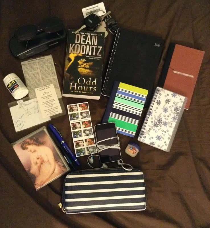  Lip Balm Date Book Bank Book Address Book Note Book Wallet Great Uncles Obituary Uncles Obituary Picture Of A Horse My Mom Drew Stamps Dean Koontz Book Car Keys I-Pod Pens Pack Of Blank Cards Advil Sunglasses And Case    