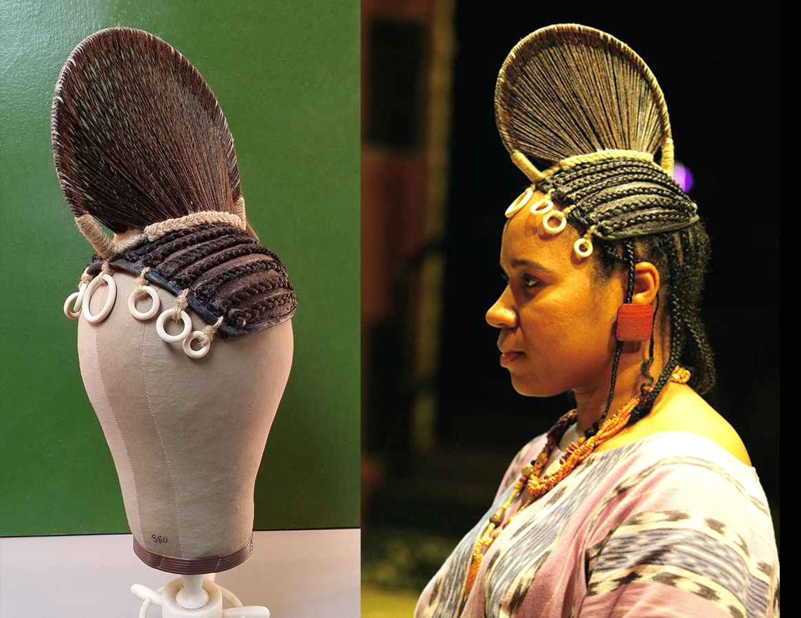 Designed and masterminded this head piece/wig for Death and the King's Horseman for MMNT. It's built from a bowler cap, a cheap weave, some heavy gage wire, hemp, wax, beads, and rattan. 