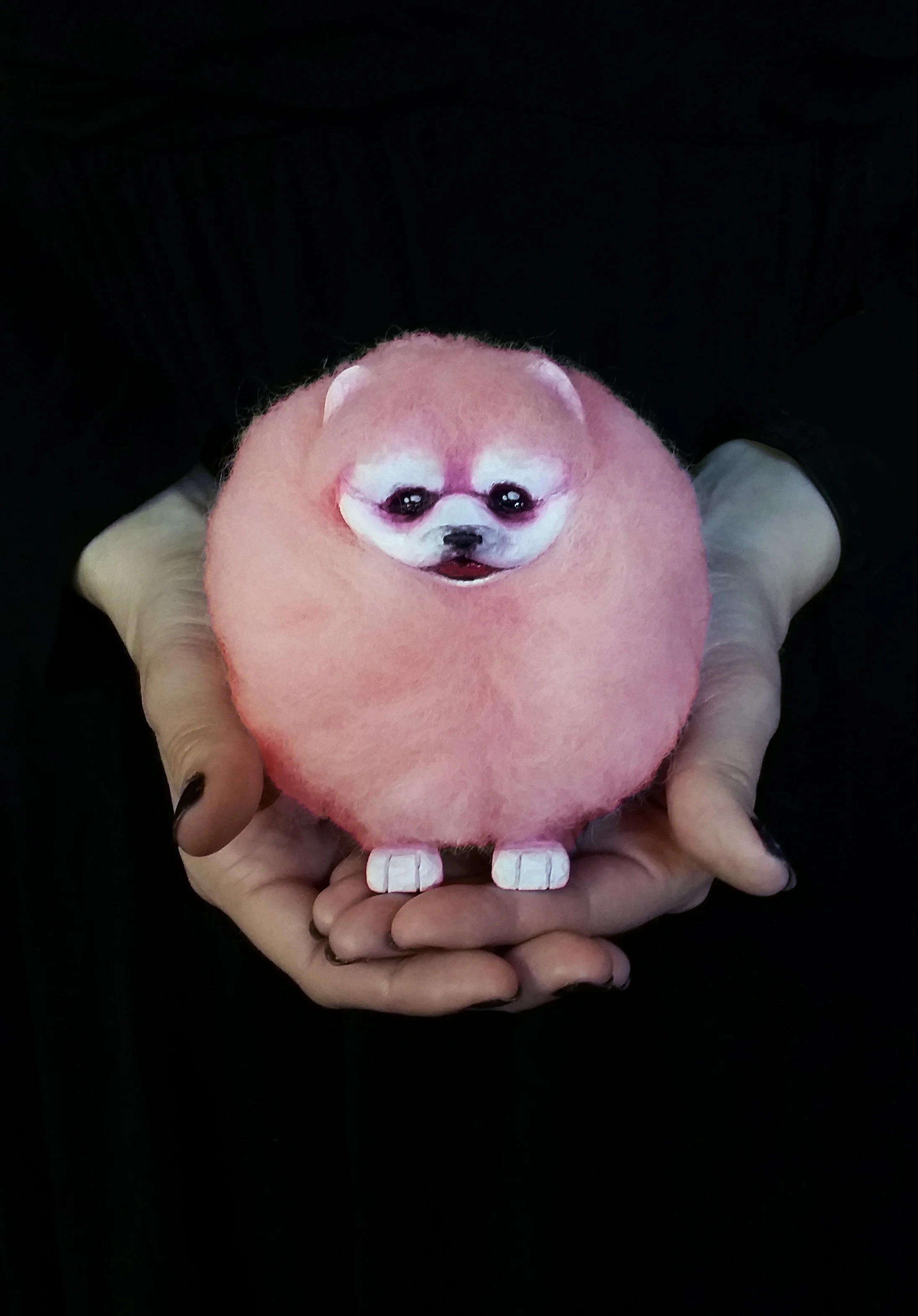 Meet Turbo! This is the smallest wooden sculpture that I've carved. She is a pink Pomeranian based off of my sister's real-life Pomeranian, Turbo Barbie. She is made from a single piece of basswood, and pink felt roving was used to create the fur. ~ SOLD