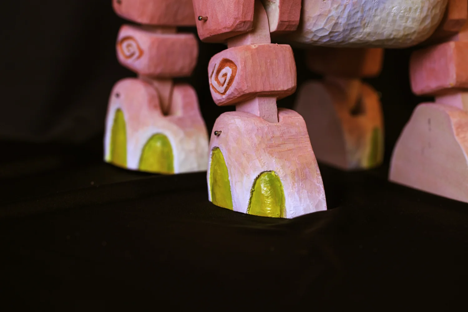 And here is Peanut! He is my favorite. He is made from wood (15 separate carved pieces fit together), plastic flowers, and upholstery leather. He is fully posable and built in a marionette style. Photo by Richard Casteel. http://www.capturingmilliseconds.com ~ SOLD 