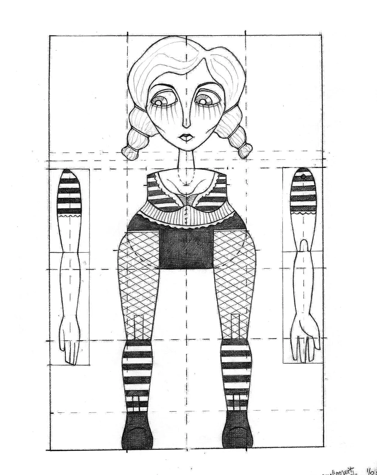 This is Delilah, the Strong Woman's technical rendering. She was the very first marionette that I built, as well as the largest. she stands a little over a foot tall. She is made of wood and leather and fully manipulatable. She performed in the 2011 Prague Quadrennial Festival in a street production. ~NFS