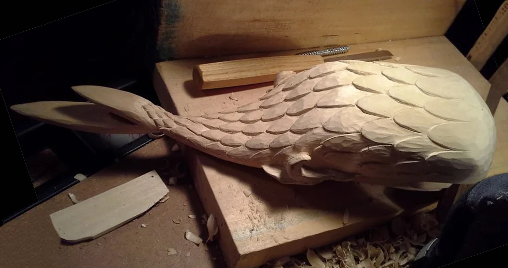Meet Smelly Melly Narwhal. He was my first commissioned wooden sculpture. He is made of wood - both basswood and ebony, and his scales are all carved singularly. ~ SOLD