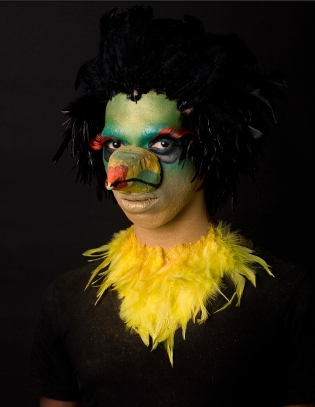 A close-up of one of the Advanced Makeup Design class' final Design Projects beautifully executed by student, Liz Rische. Feathered wig and beak were also fabricated by Liz.