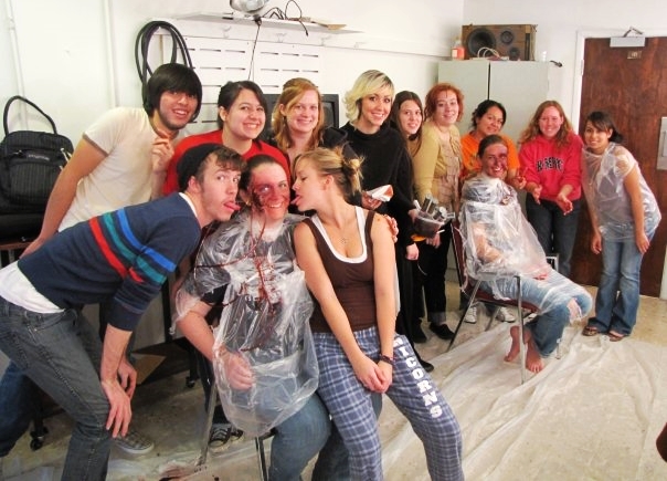 Group SPFX Makeup exercise day. Students worked together to adhere blood bladder systems up to an exit would that they jointly designed and executed. 