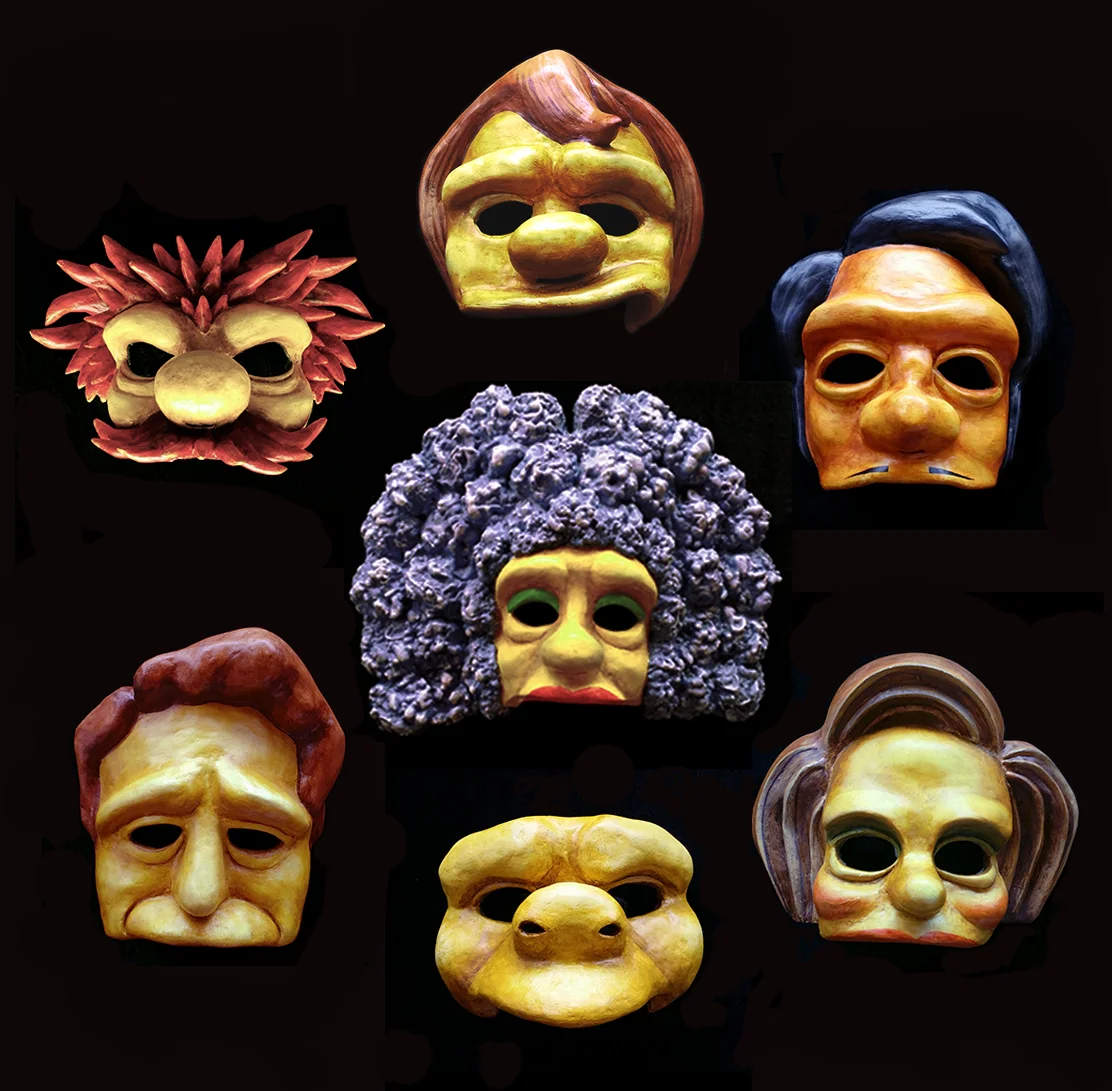 These are the masks, (clockwise, L to R) Willie the Groundskeeper, Nelson, Apu, Mrs. Krabappel, Chief Wiggum, Troy McClure, and center, Selma, that I designed for Mr. Burns, a Post-Electric Play. My team and I sculpted, with extreme help from Jennifer Rose Flowers and Anna Kimmel, they papier mached, and we painted these together - I painted Apu alone, and Sidney Clayton Floyd totally killed it on Willie - painting, papier macheing, and painting-wise - and I helped the painting along on all of the other masks. T'Cie Mancuso masterminded the Selma's hair puffs. 