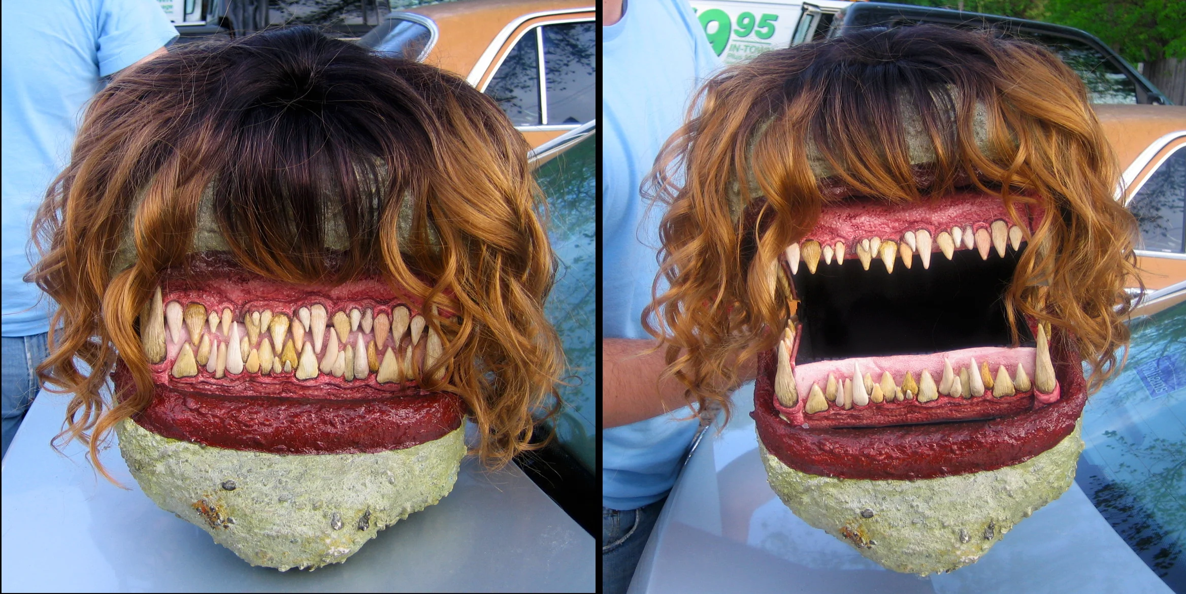 This is the Tracy monster prop that I built for the short film Tracy. It's built from sculpey, a doggy pooper scooper, papier mache, rocks, a fancy wig, and lots of glue.