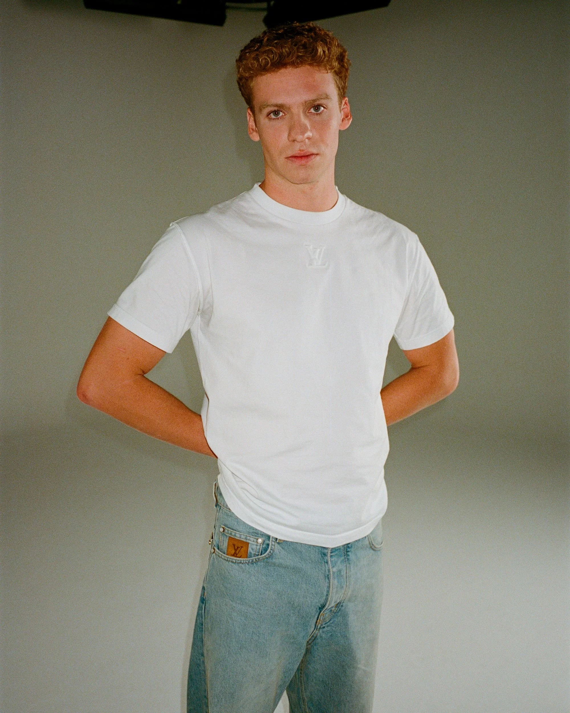 Grooming on Leon Marchand for Louis Vuitton by Tara Cooper. Photo by Miranda Barnes.