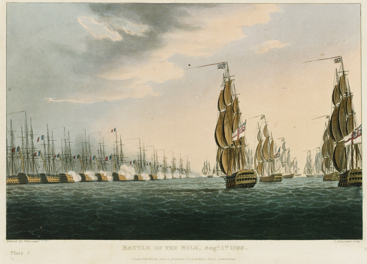 Battle of the Nile, Augt. 1st 1798: The British fleet bears down on the anchored French. A plate engraved by Thomas Sutherland of an original painting by Thomas Whitcombe.