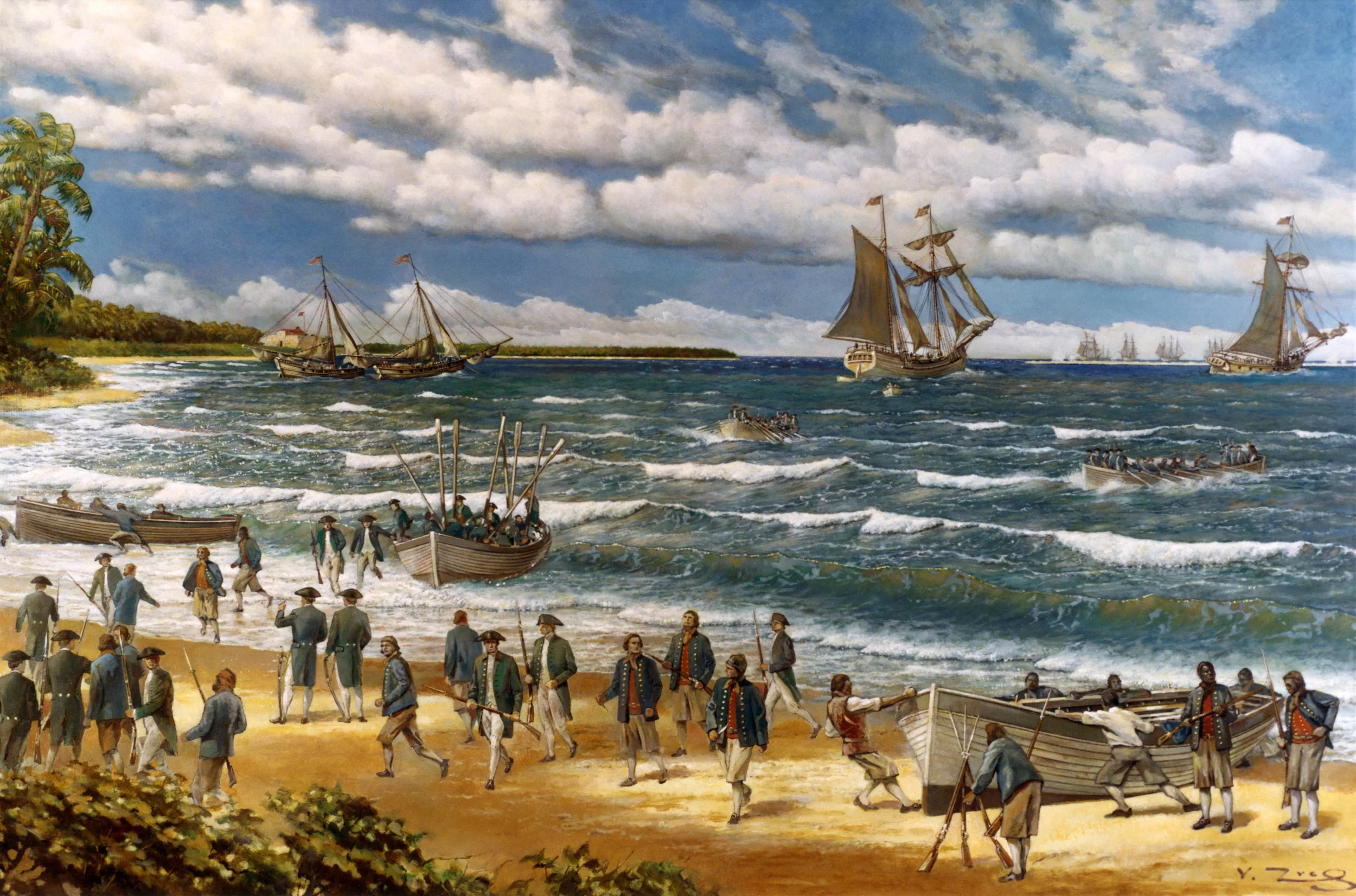 Oil painting on canvas by V. Zveg, 1973 depicting Continental Sailors and Marines landing on New Providence Island, Bahamas, on 3 March 1776.