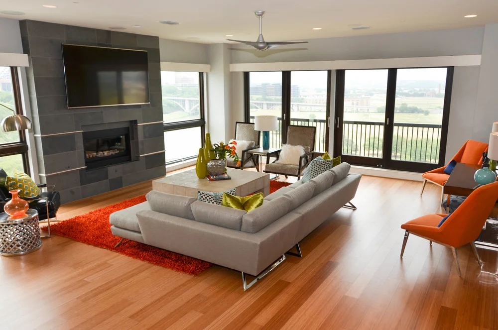 Mid-century modern interior design with floor to ceiling windows