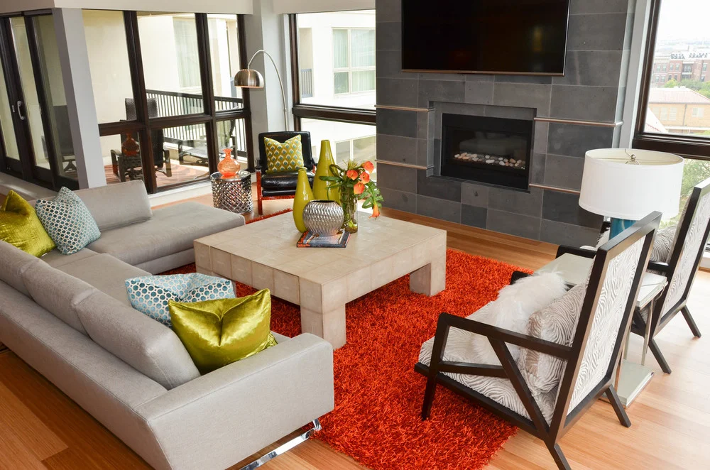 Orange shag rug with mid-century modern living room