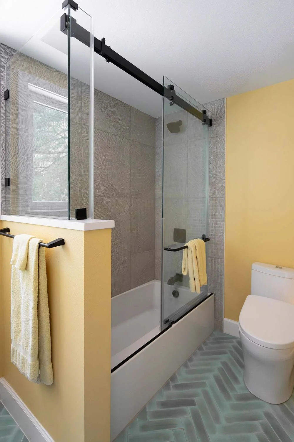 Bright and colorful bathroom design.