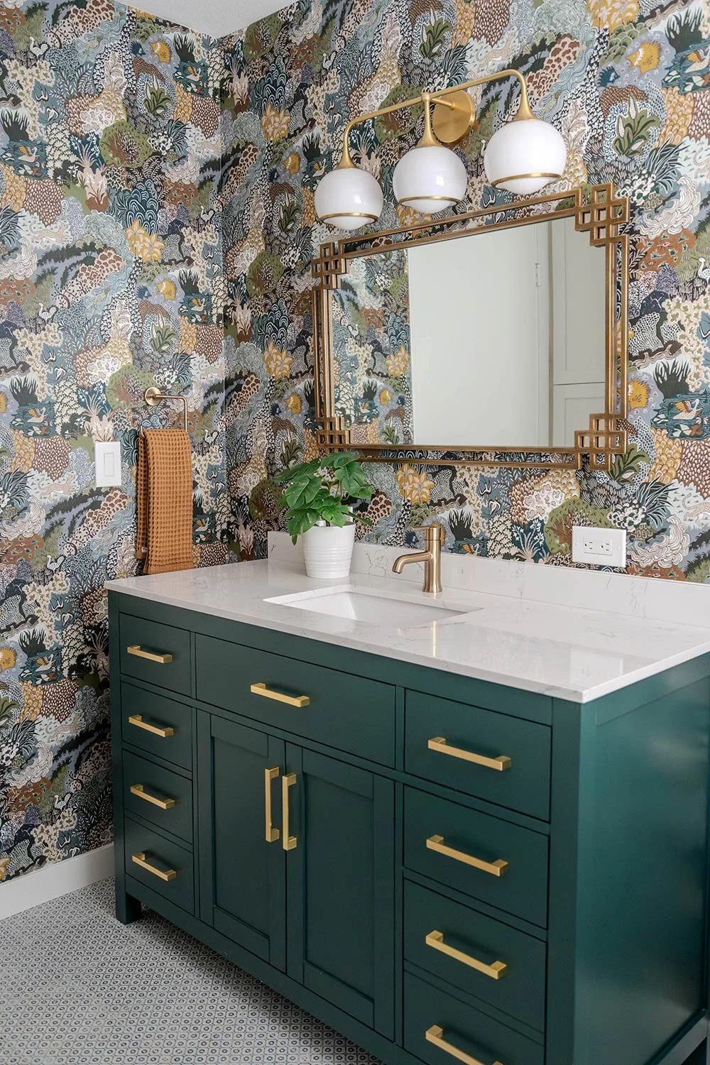 Floral and animal print wallpaper for powder bathroom