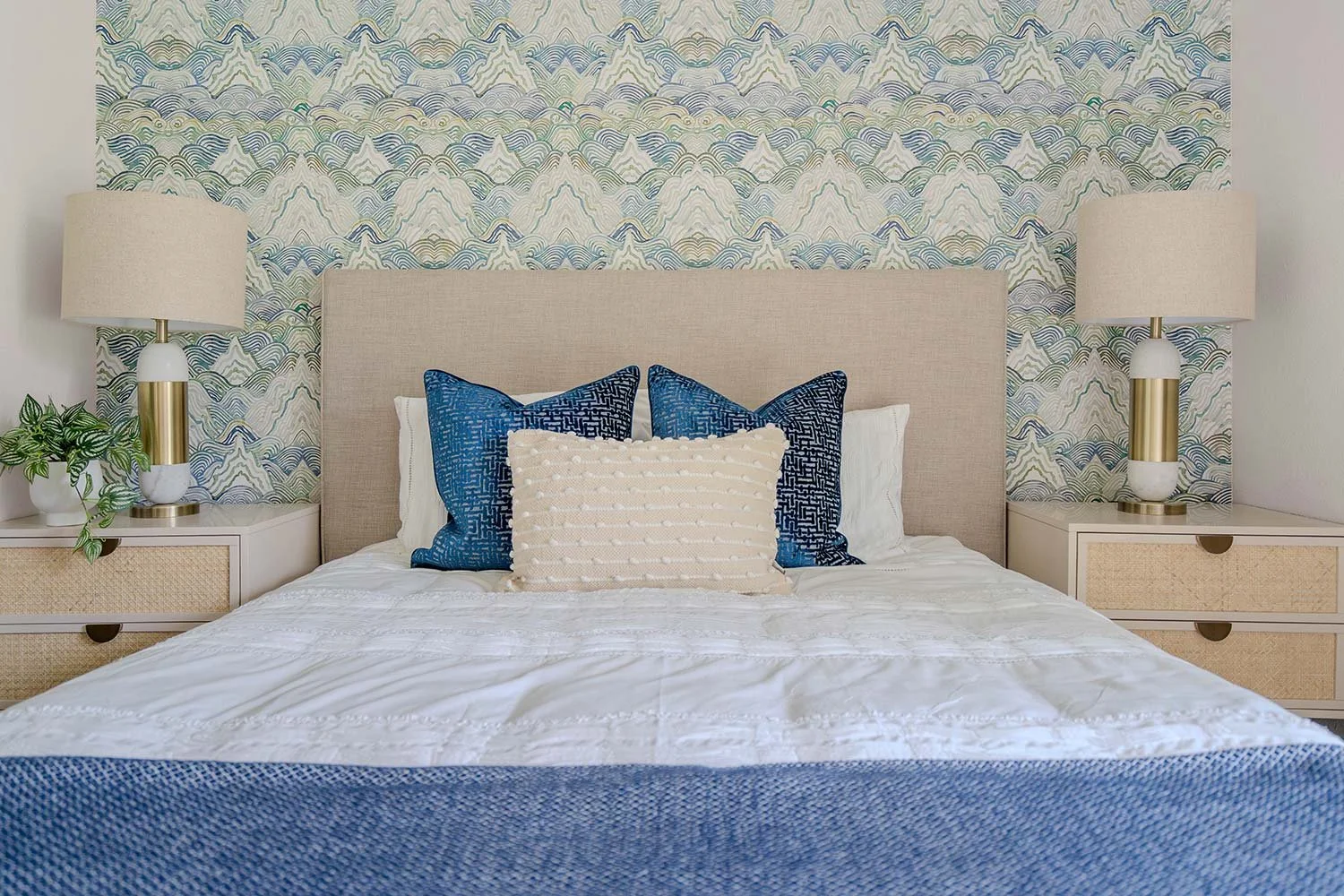 Unique wallpaper in king bedroom