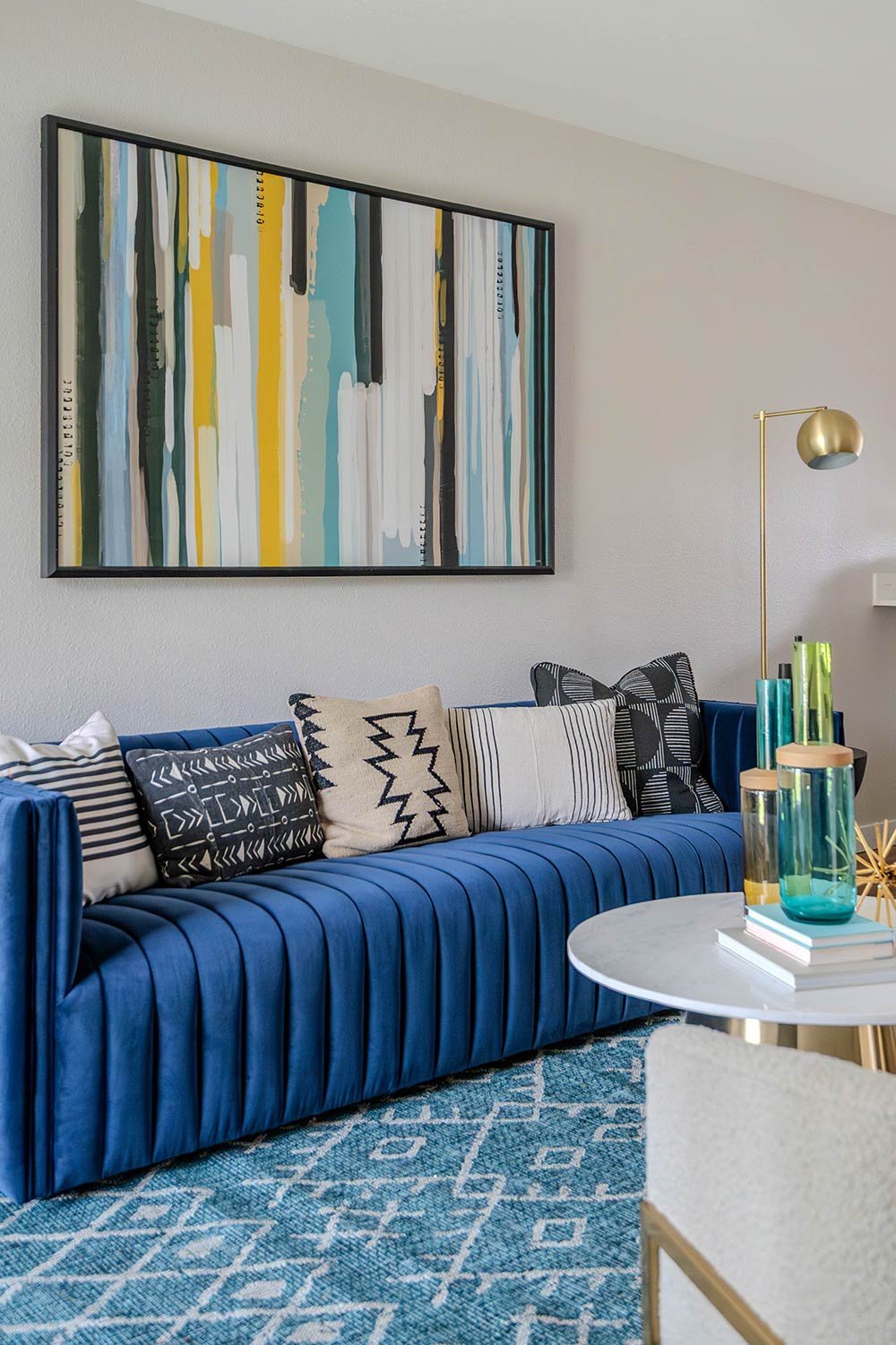 Velvet blue couches. Unique decor and design.