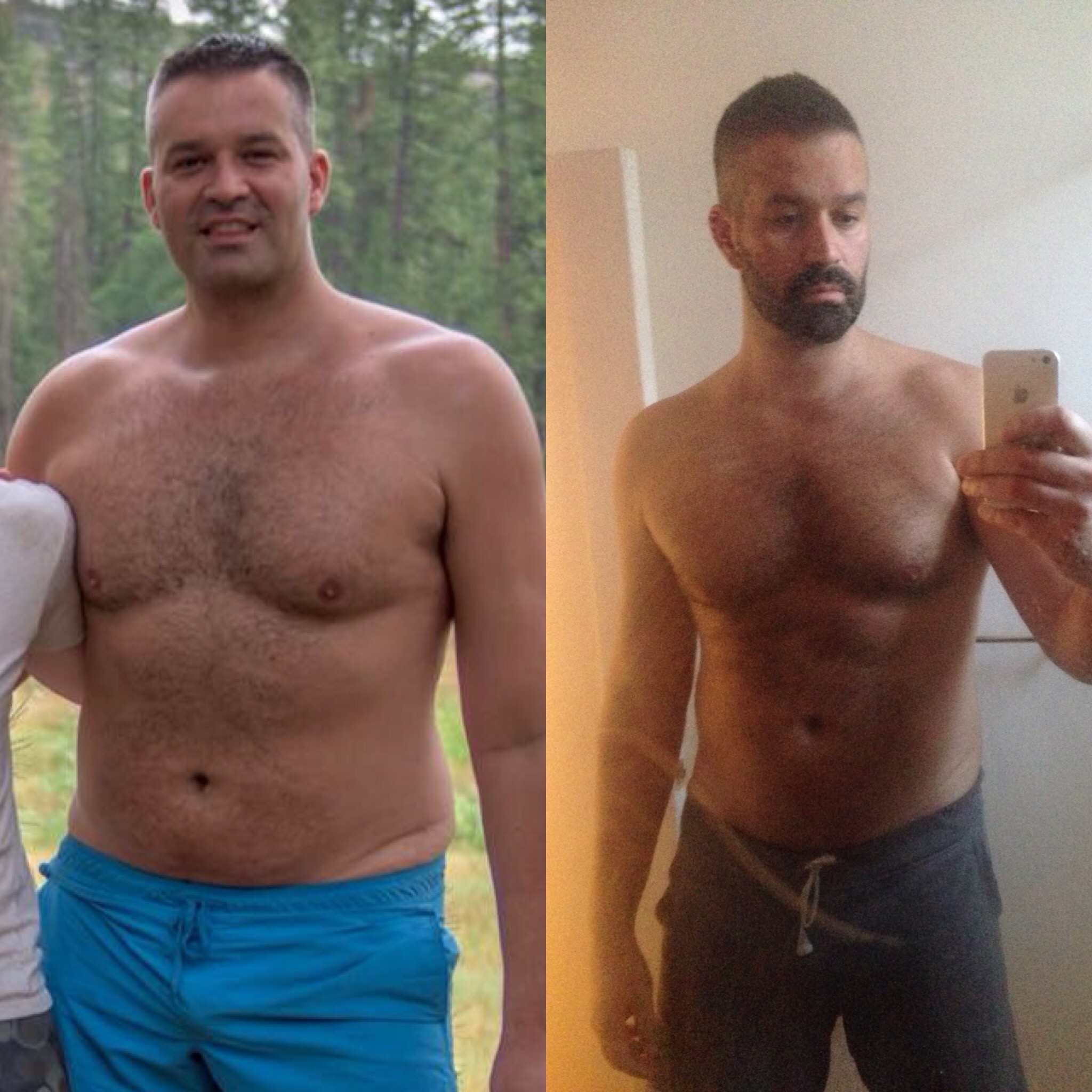 July 4, 2015 (left) after already losing 20 lbs. December 16, 2015 (right) having lost over 40 lbs.