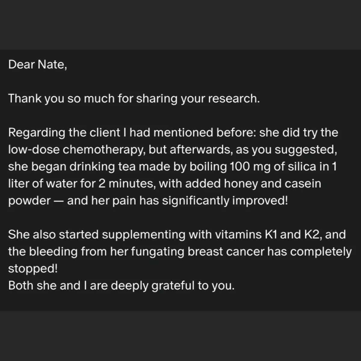 This person's breast cancer was so bad it had eaten through her skin (fungated) and was actively bleeding, but you can see what my discovery solving the Warburg Effect has done for her&mdash;all this info is available without a paywall on my website 