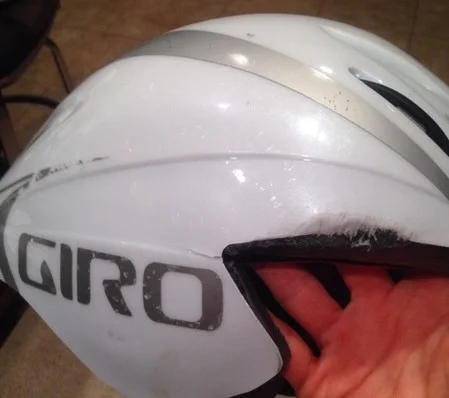 My beautiful aero helmet after the crash. See the crack in the side? This beauty saved my life!