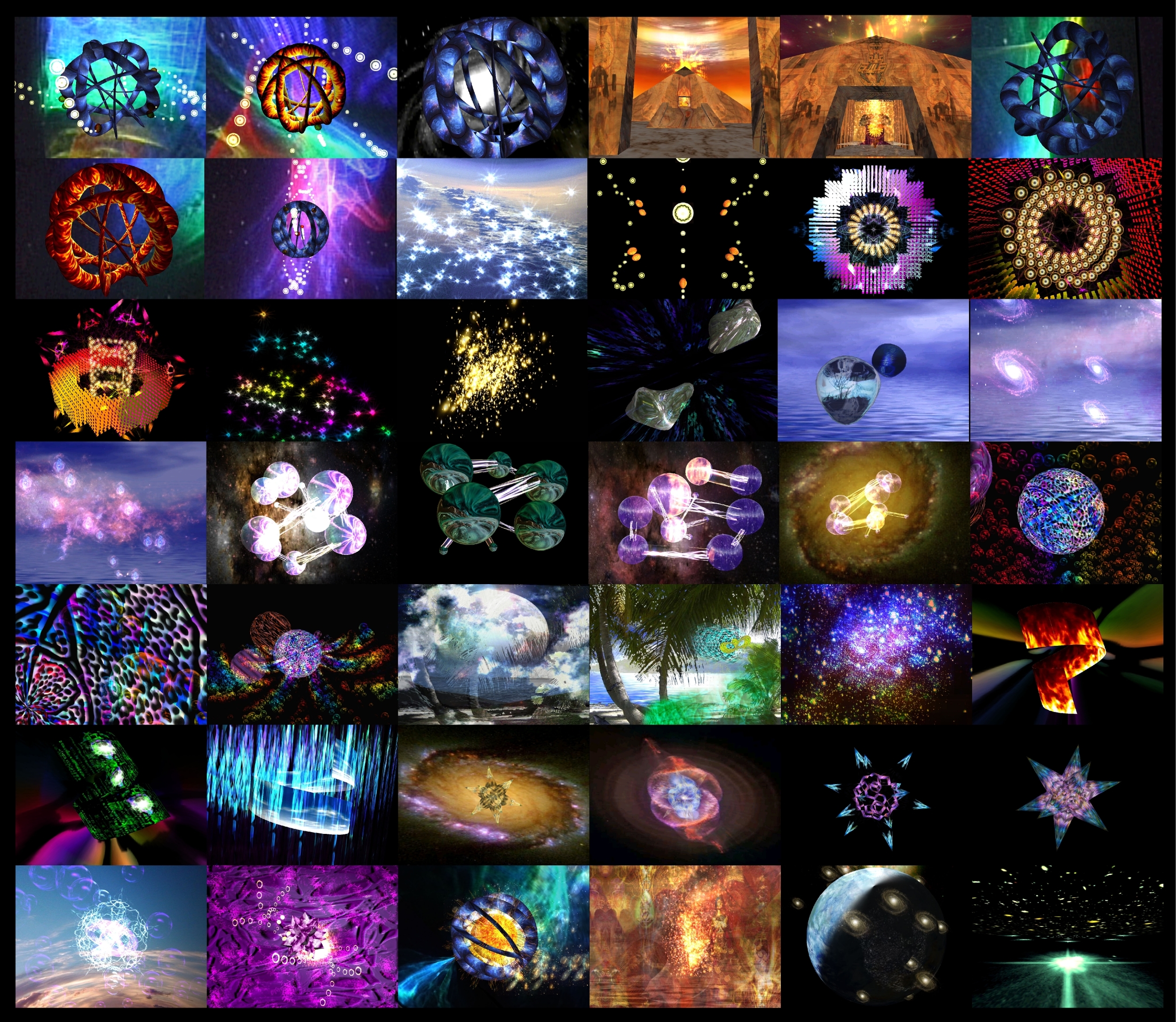 Above are screenshots of just a few examples out of SpaceHarp's library of hundreds of live player-interactive 3D animations. Players can choose which scenes they'd like to enjoy, and they get to be both a musician and a VJ at the same time! SpaceHarp's live music visuals can be experienced on any of several media options including curved screens, projections on screens or scrims, LED meshes, large formats and even digital domes.