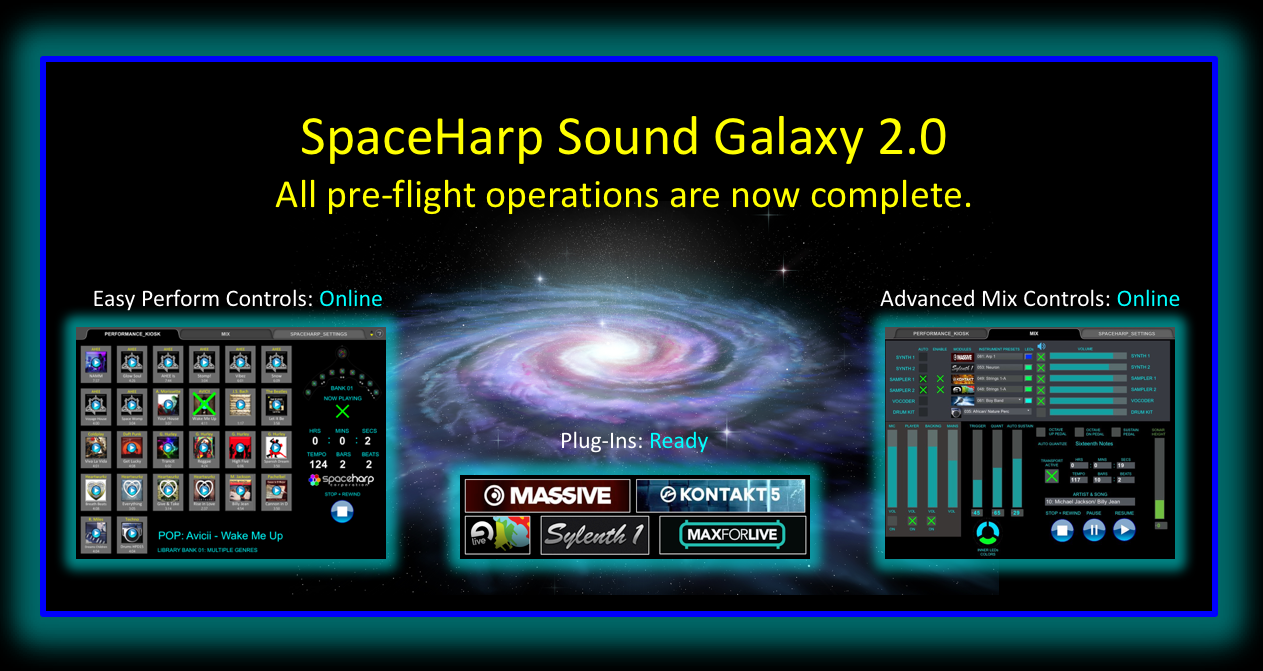The Easy Performance Tab (shown above left) provides single-touch to launch of pre-configured baking tracks and enhanced live musical performance. The Advanced Mix Tab (shown above right) includes enable/disable of plug-ins; instrument layer volumes and mutes, sub mixes and mains; SpaceHarp's patented auto-quantization and sustain settings, and more.