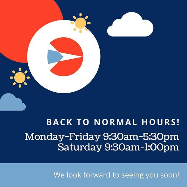 We are back to our usual opening hours: Monday to Friday 9:30am-5:30am and Saturday 9:30am-1:00pm.
See you soon!