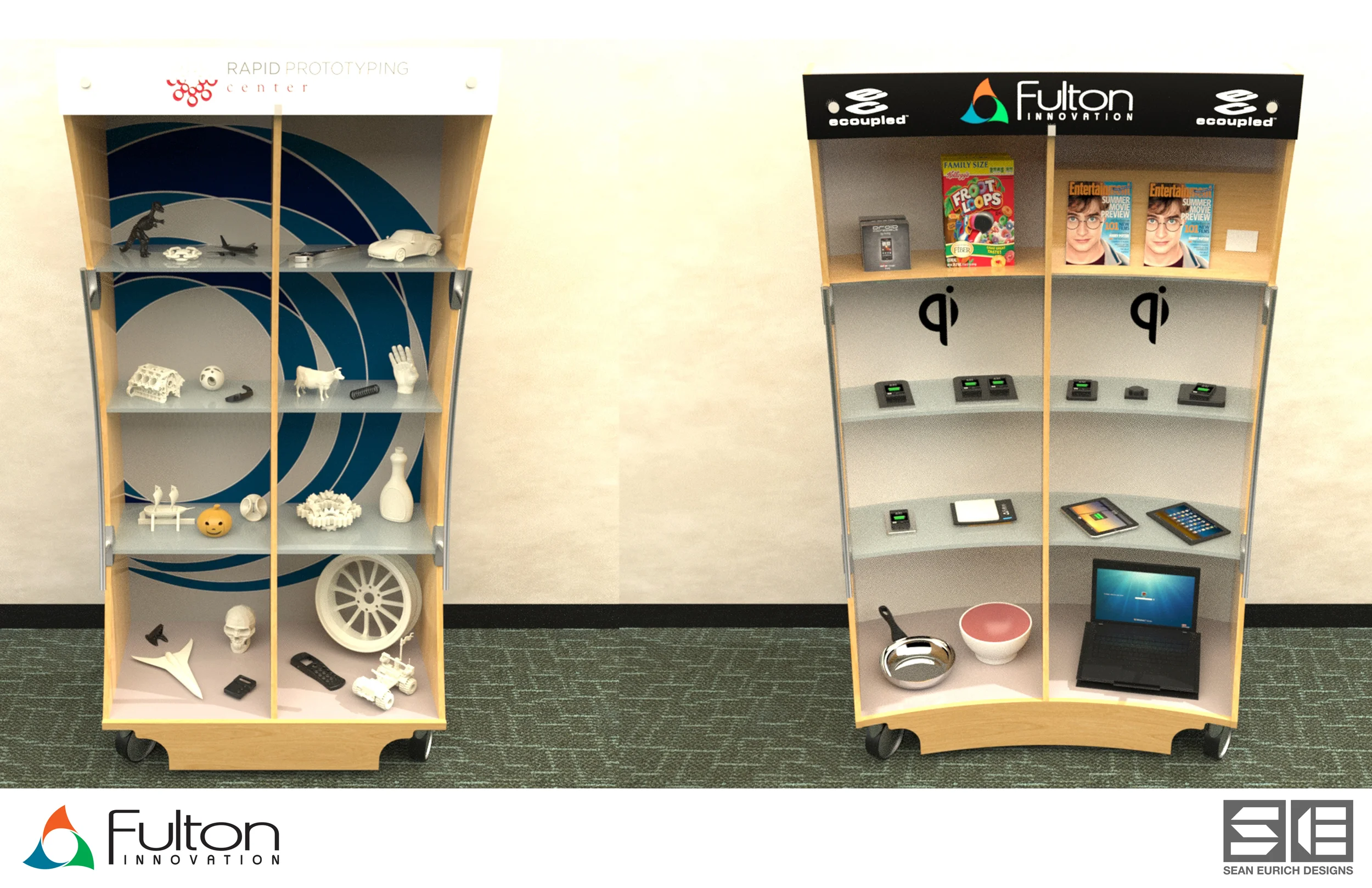 Rendering exploring how Fulton Innovation might showcase some of their wireless charging prototypes and 3D printed samples internally by recycling existing display shelves. 