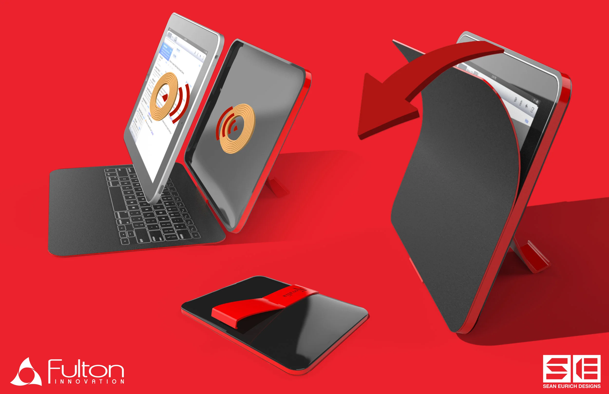  Rendering of a printed electronic keyboard case that is powered wirelessly from a tablet. The keyboard case is flexible, has a stand, and has no batteries, eliminating the need to charge it. 