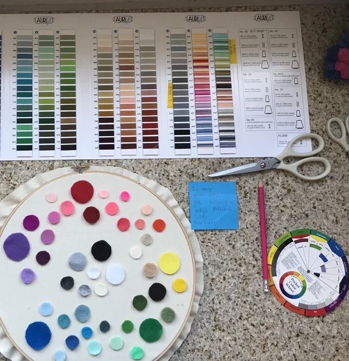 Inspiration for the color wheel art finally struck! This is actually one of my very favorite pieces hanging in the shop and one that lots of my students always ask to make. Guess what? The upcoming campers in next month’s Art of Design Camp get to make this project.