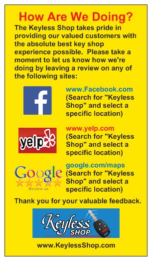 Please take a moment to let us know how we're doing by leaving us a review on Google, Yelp or Facebook. Thank you for your valuable feedback. 