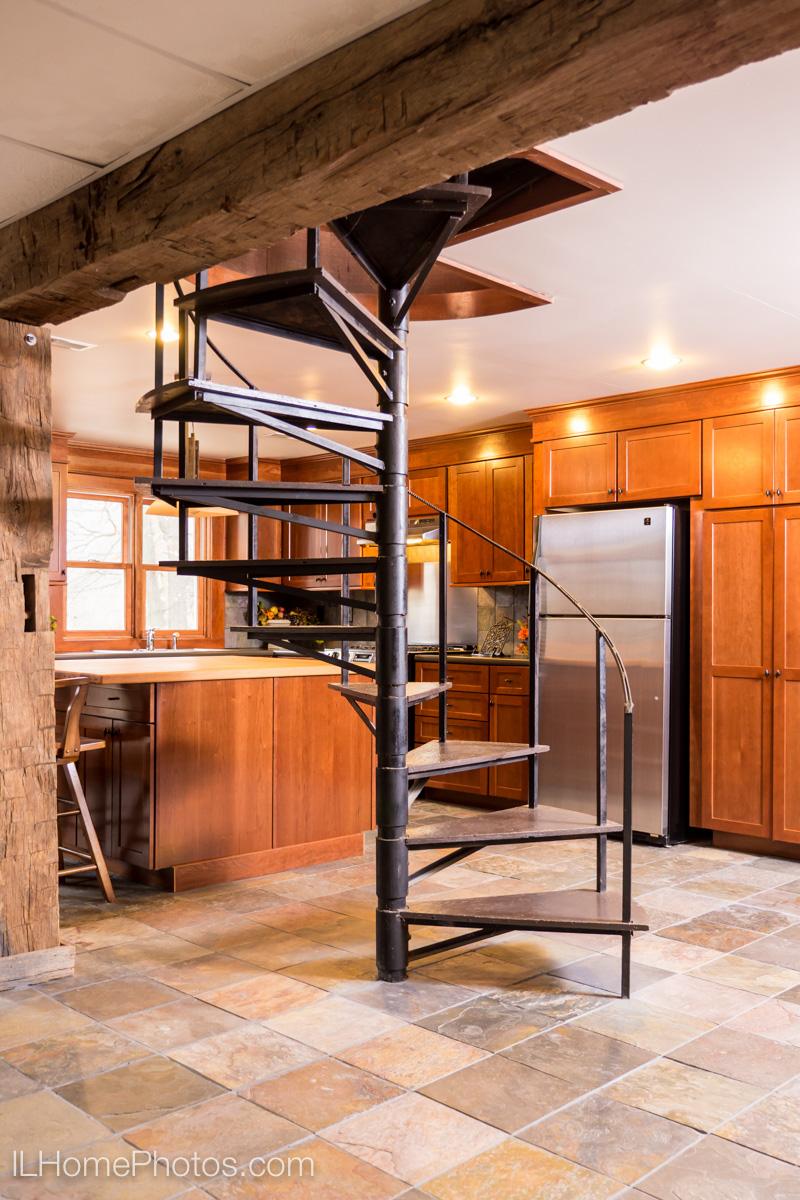 Interior spiral staircase detail photograph for real estate, Cuba, IL :: Illinois Home Photography by Michael Gowin, Lincoln, IL
