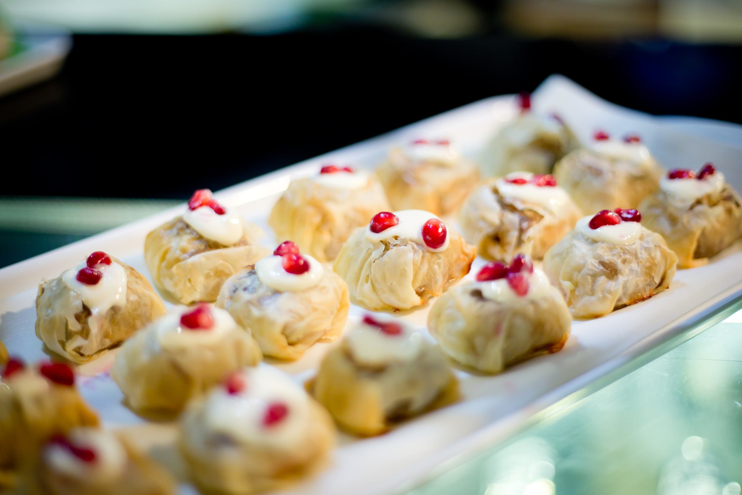 Bastilla moroccan duck parcels, tahini yoghurt, pomegranit