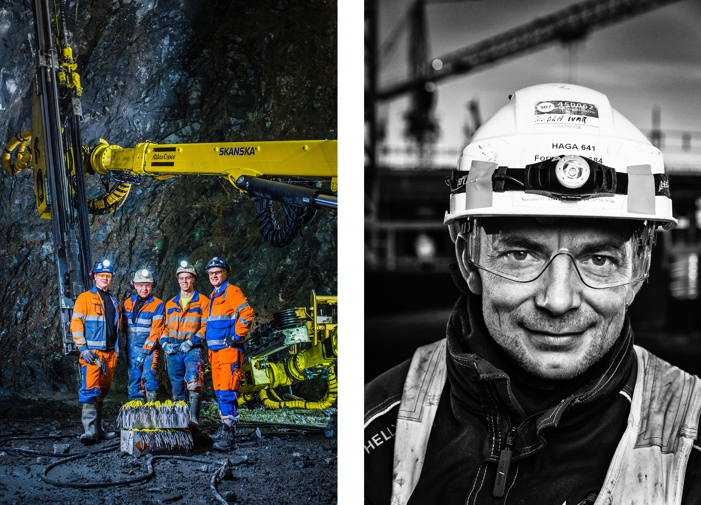  Skanska-kolleger i arbeid med den nye jernbanetunnellen sør for Larvik (t.v.) og byggingen av senteret Fornebu S (t.h.). 