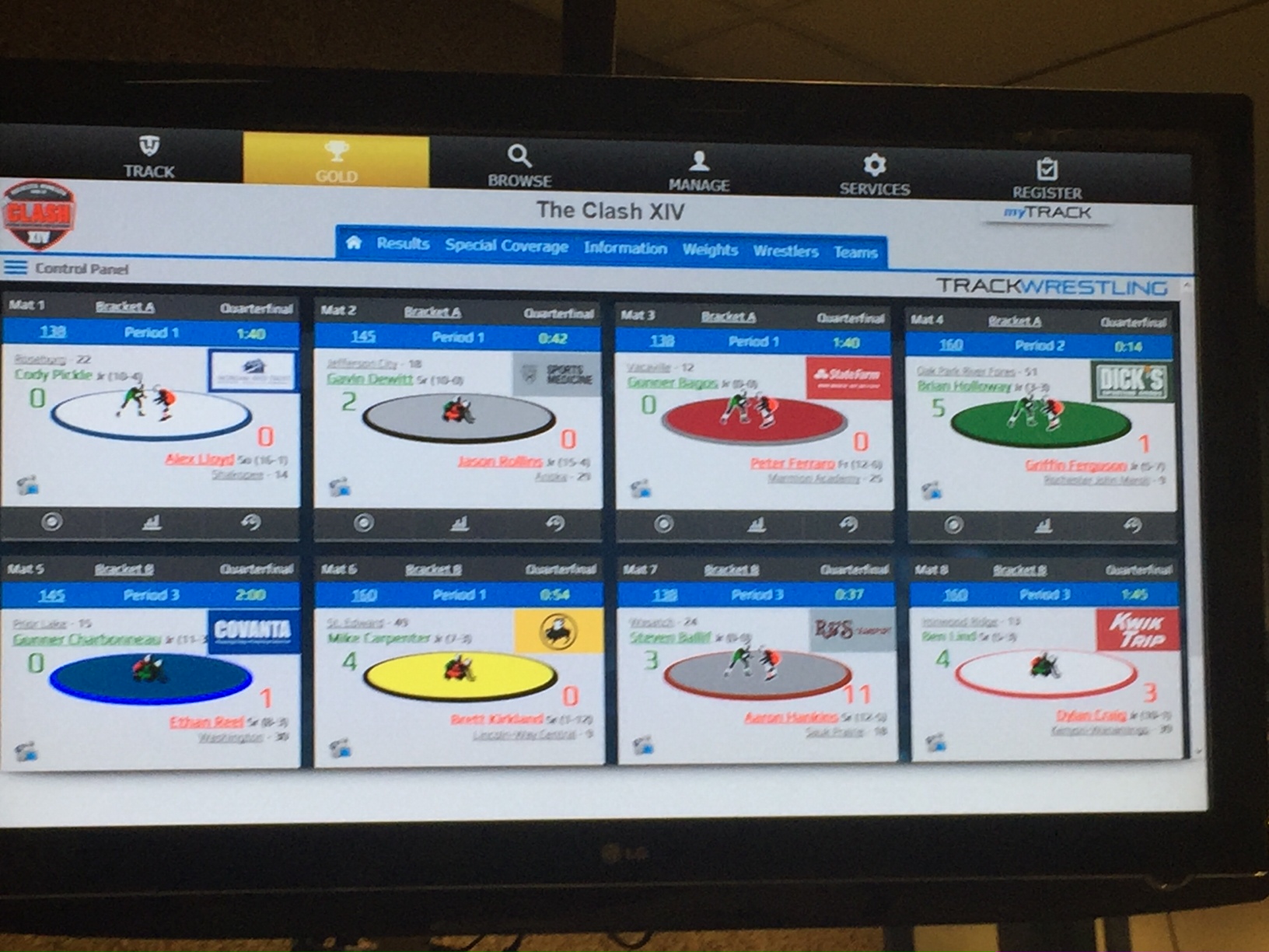 This is an image of what the Trackwrestling Dashboard looked like for The Clash XIV. The dashboard allows viewers to see what wrestlers are competing on every mat so they can switch from mat to mat and watch the match they prefer.