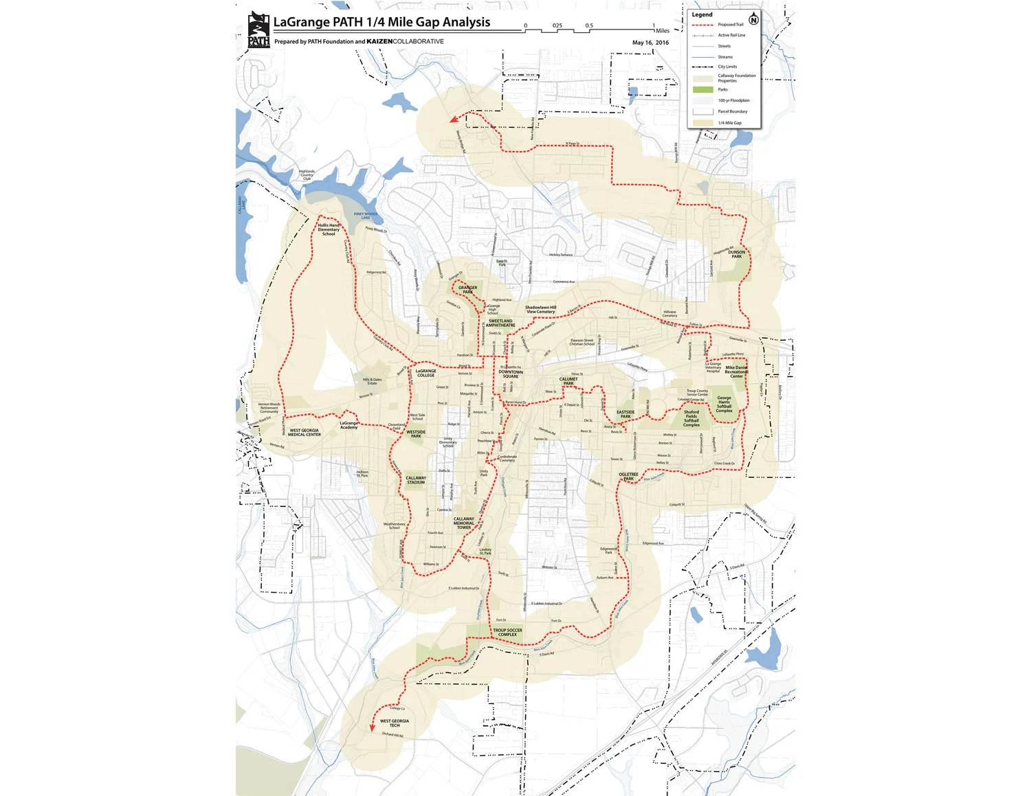 The 1/4 mile gap analysis of the preliminary Thread Trail system.