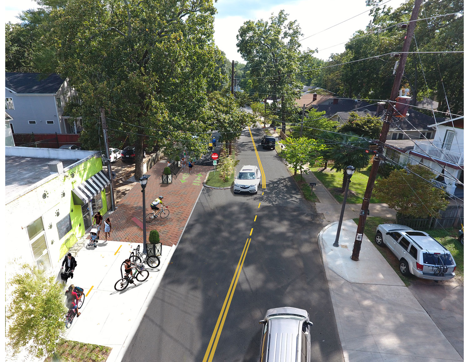  Proposed modification of northern bound lane for bicycle-pedestrian greenway signing and markings, landscape bulb-outs to restrict entrances to only local traffic and on-street parking. 
