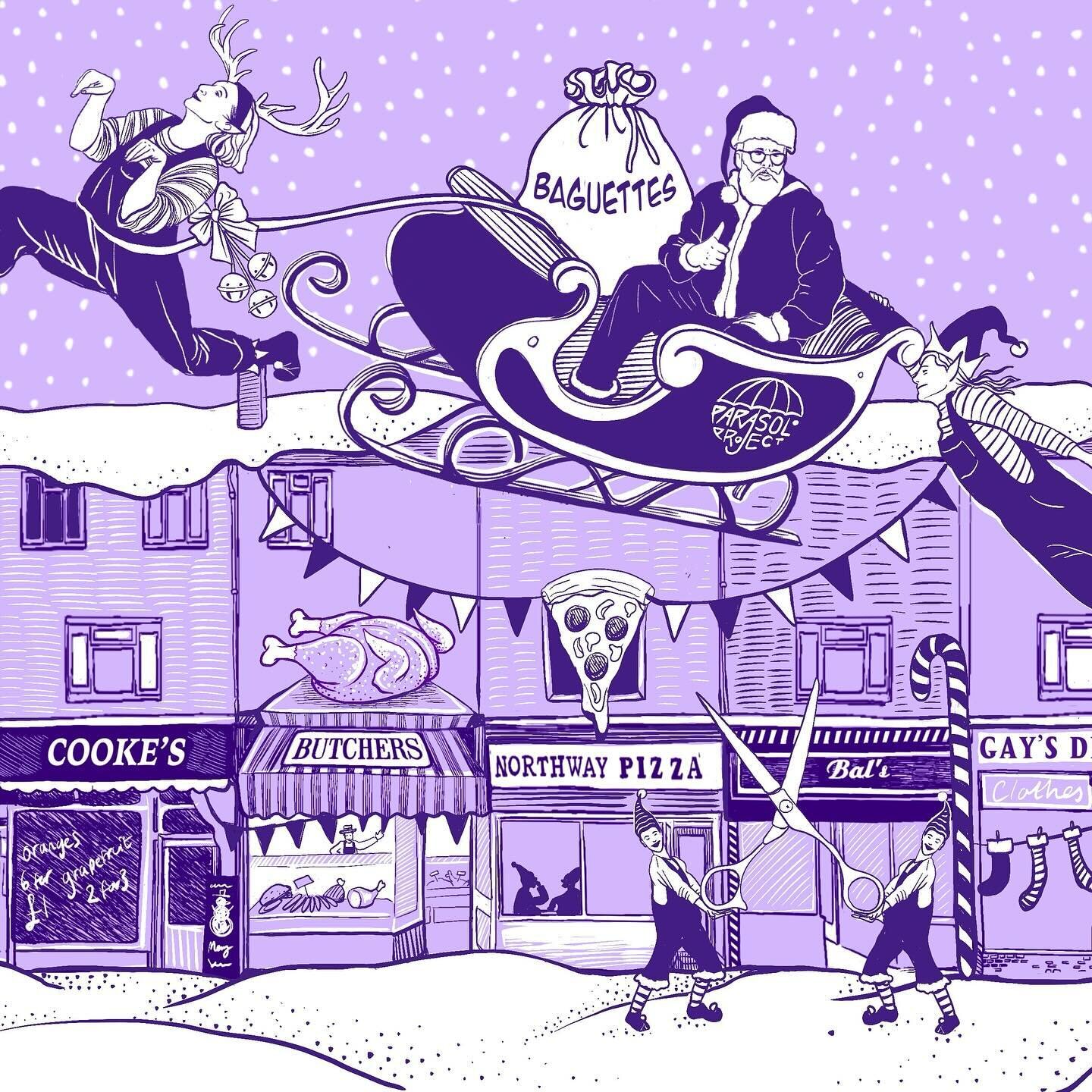 Here are some stories behind the Christmas card designs I illustrated for Festive Throwbacks-with inspiration from Frank, Pat and Pam of Northway as well as Amani, Tom, Chris and Cara of Parasol Project.

💜Purple Card: The Northway parade of shops h