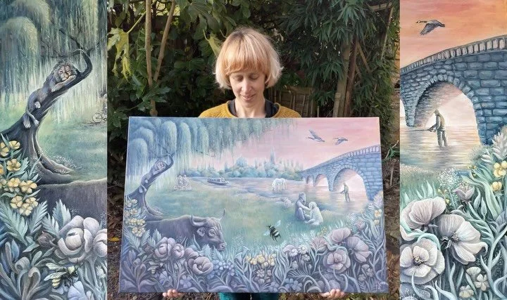 ✨Meadow of Memories✨ acrylic on A1 canvas 

This was my first commission of 2025, and a very special one. The scene to be set was close to me, both emotionally and geographically; the magic of Port Meadow&rsquo;s ancient land. The elements included i