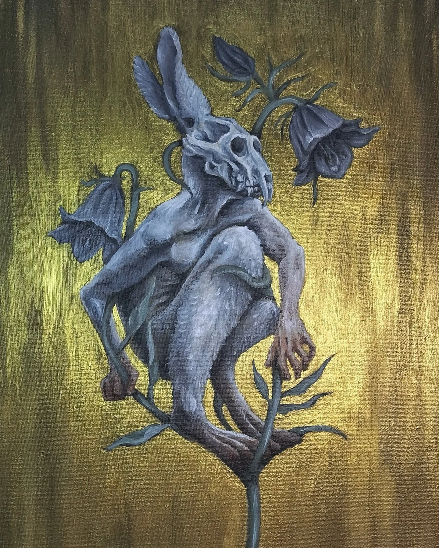 💙💜✨Witch&rsquo;s Thimble✨💜💙 Acrylic on battered canvas
Harebell / Old Man&rsquo;s Bell / Faery Cup / Scottish Bluebell
Campanula Rotunifolia

in this image, a spell is cast. a witch concocts  sap of the harebell to shapeshift. a warning not to pi