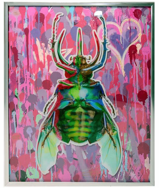 Dominic often uses the beetle in his artworks as seen in this original titled "A Love Affair".