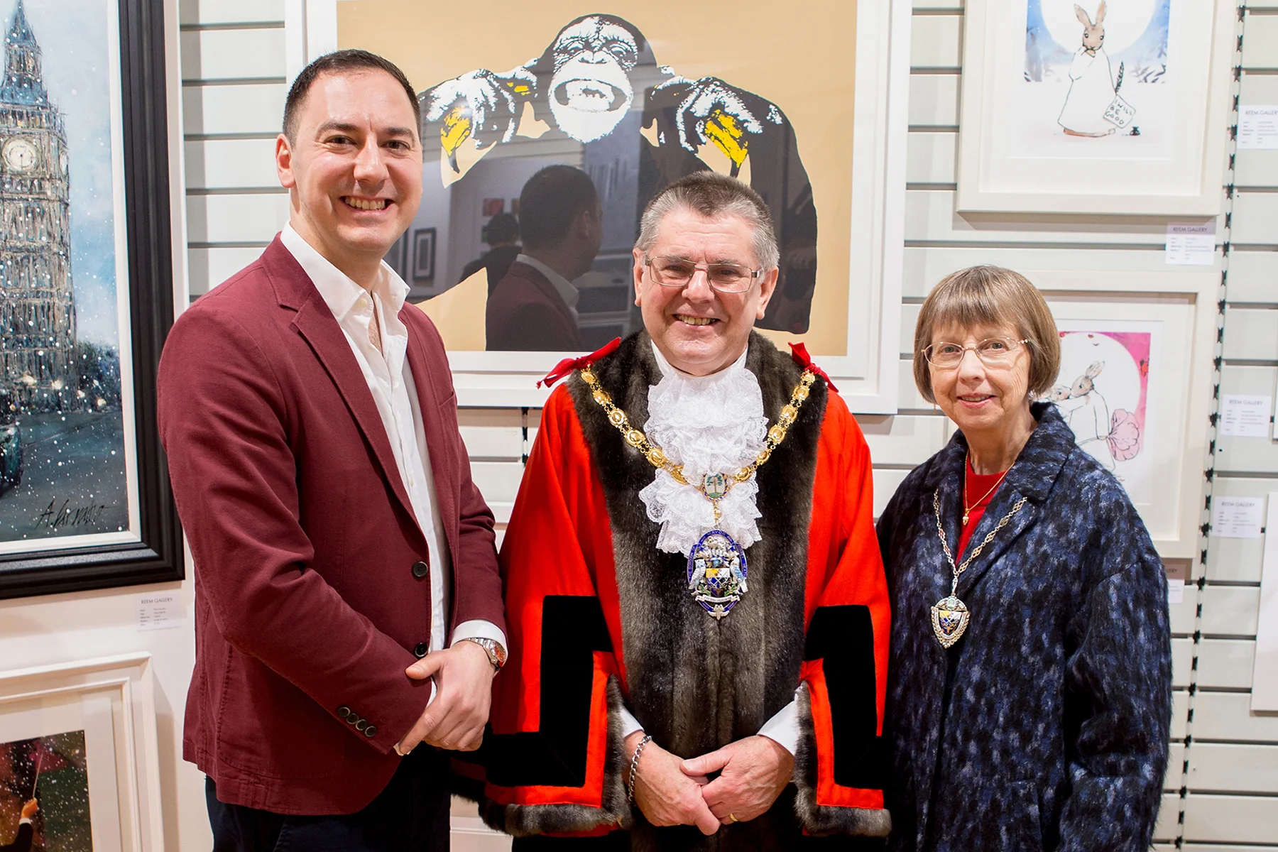 The Mayor & Mayoress at the Reem Gallery stand with Zaid Alexander Badda (Gallery Director).