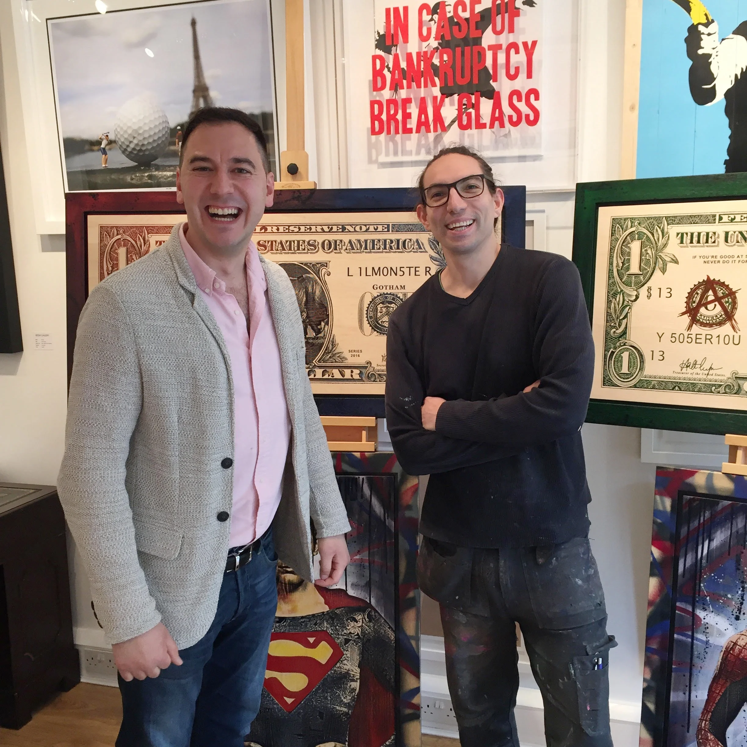 "Why so serious?" - Rob Bishop (right) enjoying a break from all the hard work put into the new collection with Zaid at Reem Gallery.